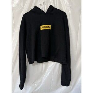 Black Cropped Hoodie Yellow Box Logo Patch Oversized Raw Hem Women’s